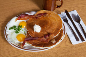 Pancakes, bacon and eggs from A Pine restaurant in Pequot Lakes, MN