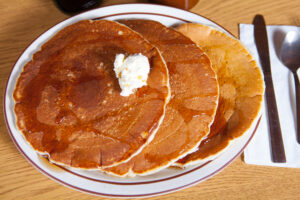 Pancakes with syrup and butter from A Pine restaurant in Pequot Lakes, MN