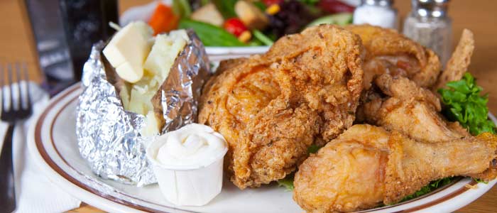 Fried chicken dinner with baked potato from A Pine Restaurant in Pequot Lakes, MN