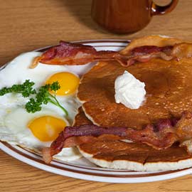 Pancakes, eggs and bacon for breakfast from A Pine Restaurant in Pequot Lakes, MN